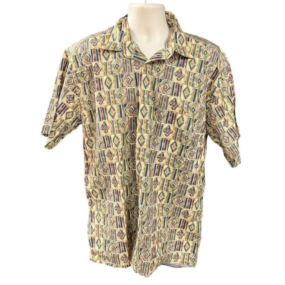 Burma Bibas Shirt Mens Large Beige Button Up Short Sleeve Cotton Geo Print